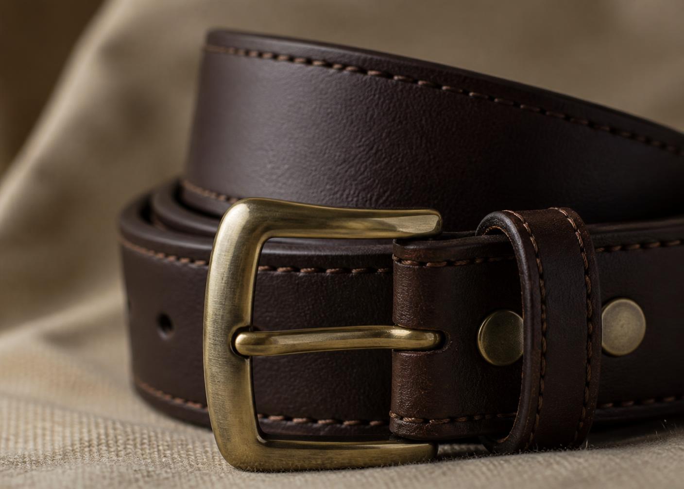 Close-up of a QAYEM leather-look belt coiled on a workbench
